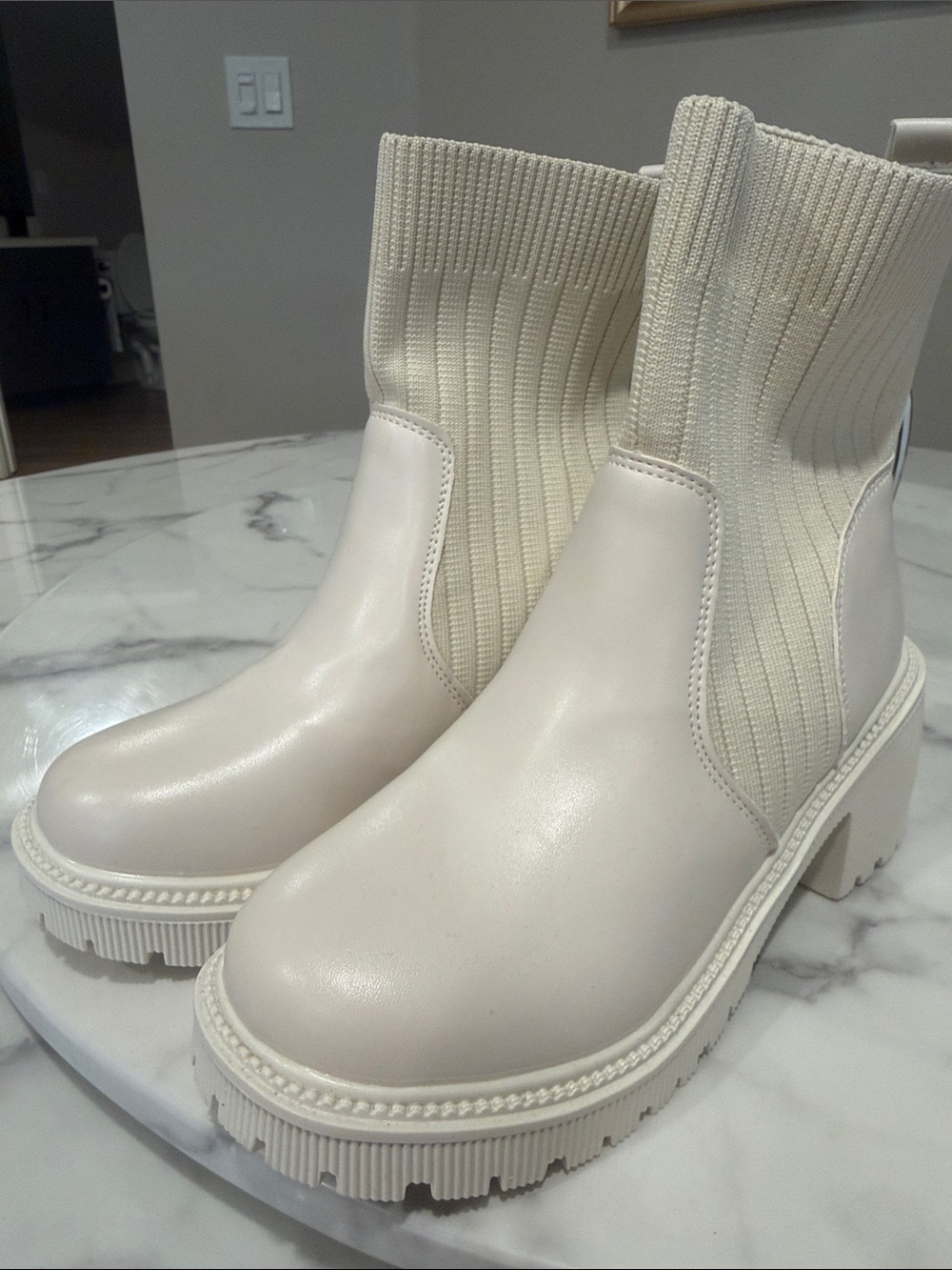 Women's Cream Knit-Panel Chelsea Boots